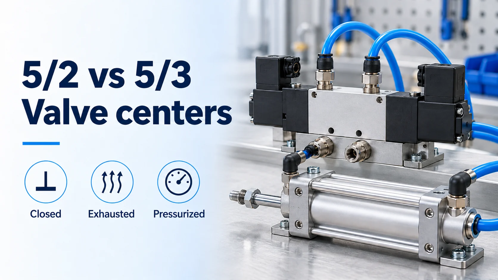 5/2 vs 5/3 valve centers banner with closed, exhausted and pressurized icons beside a valve and cylinder