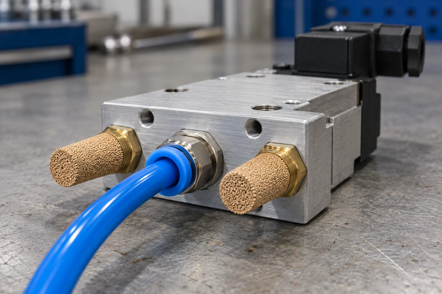 Close view of two bronze exhaust silencers and a blue air hose fitting on an aluminum pneumatic valve