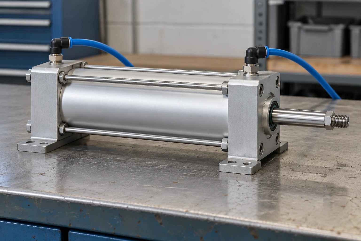 Horizontal double-acting cylinder with a chrome piston rod leaving one end and a blue air tube connected at each end cap