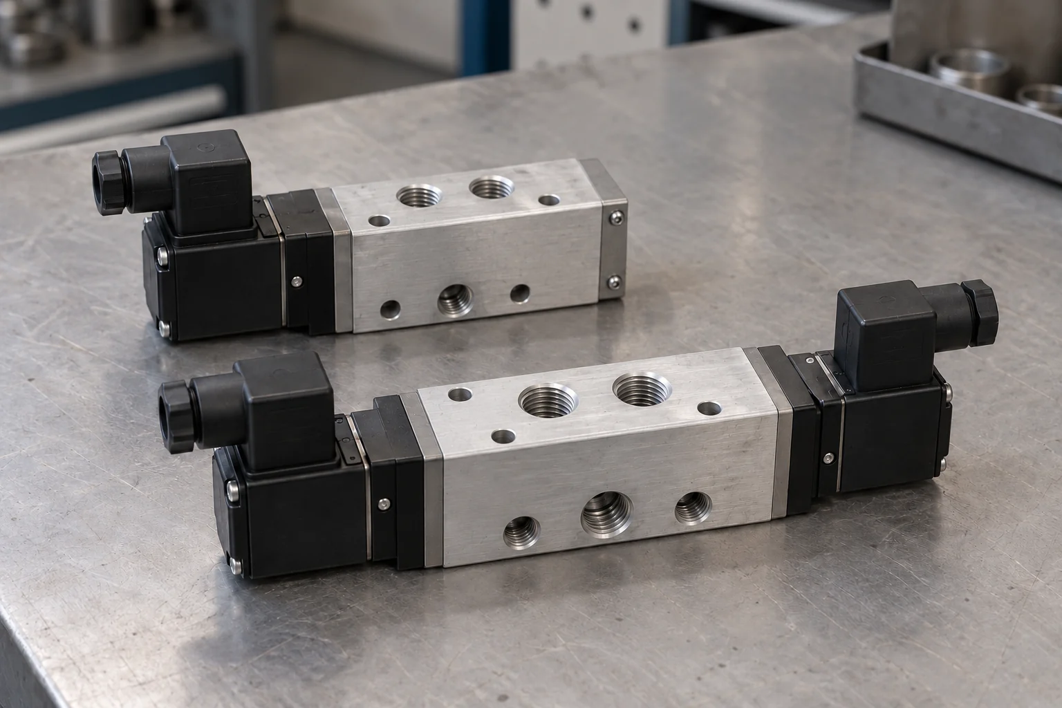 Two aluminum directional valves on a bench, one with a single electrical actuator and one with actuators at both ends