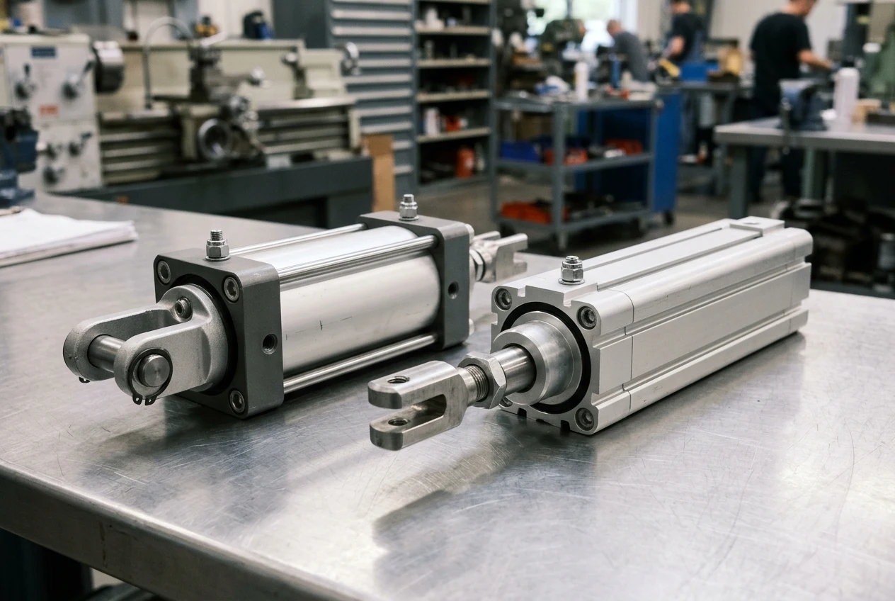 Side-by-side comparison of a round barrel tie-rod pneumatic cylinder with a rear clevis bracket and an extruded aluminum profile cylinder with longitudinal sensor slots and a rod-end clevis