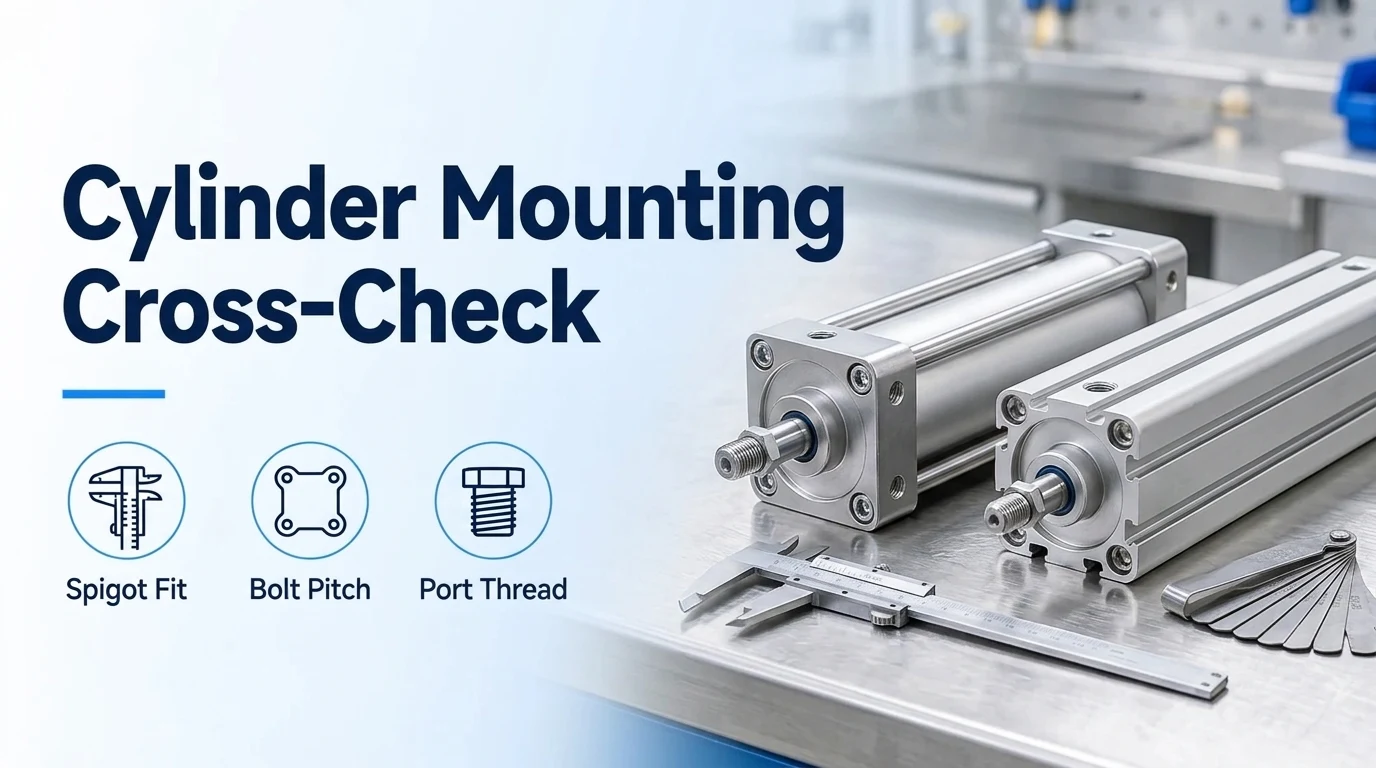 Side-by-side tie-rod and extruded profile pneumatic cylinders on a steel bench with a vernier caliper and thread pitch gauge