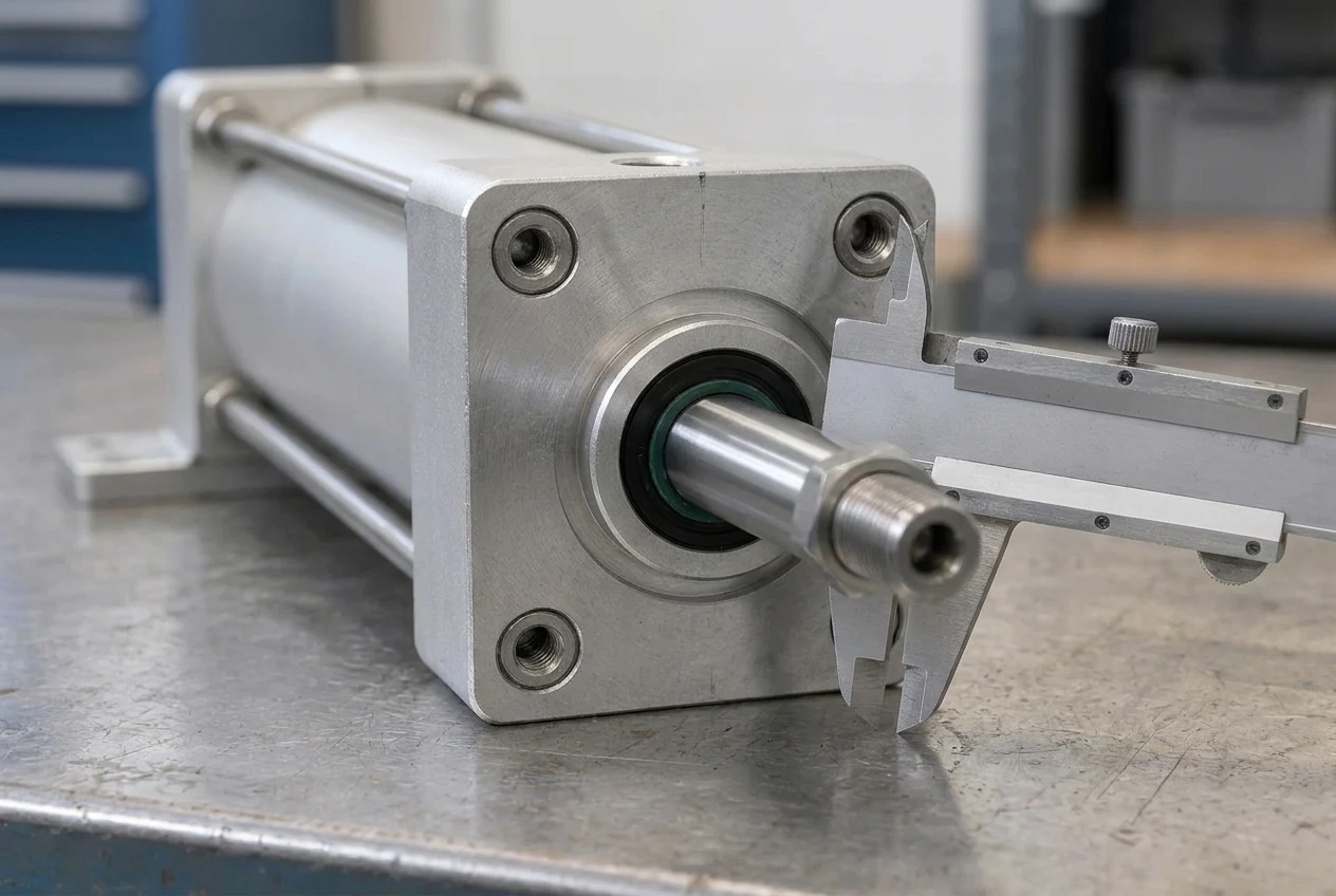 Close-up of a square aluminum pneumatic cylinder front head cap showing four corner threaded mounting holes, raised centering spigot collar, piston rod thread, and a mechanical vernier caliper