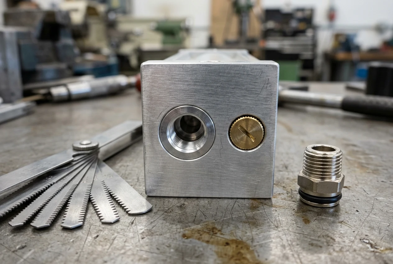 Macro view of a pneumatic cylinder end cap female port and recessed brass cushion screw beside a steel thread pitch gauge and a parallel G fitting with captive elastomeric sealing ring
