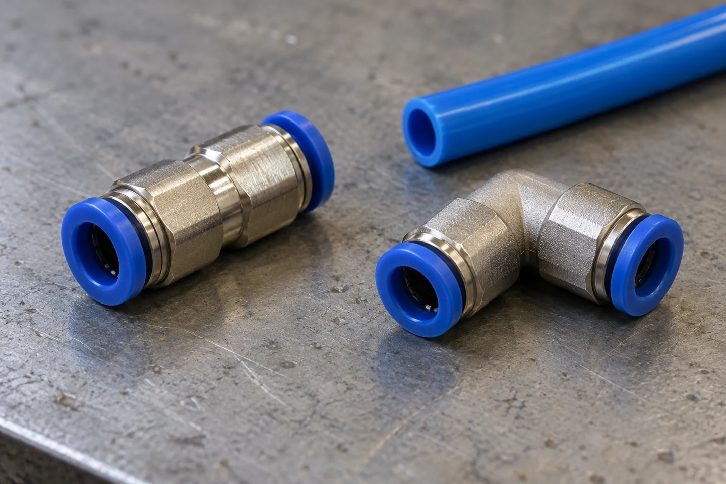 Straight and elbow pneumatic fittings beside tubing