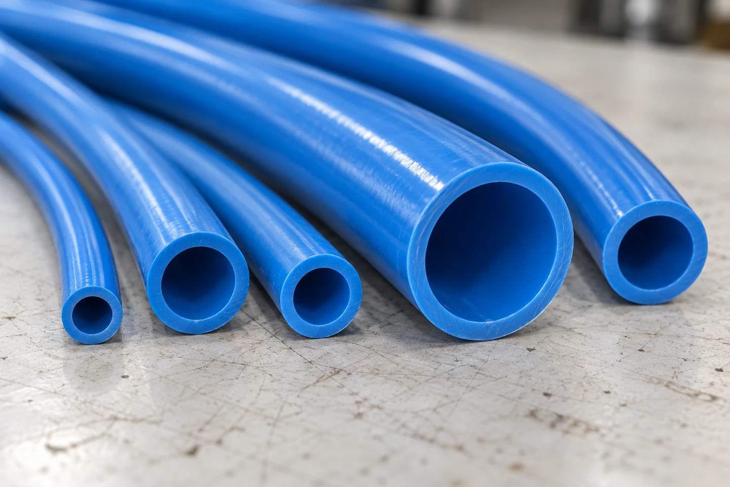 Open ends of blue tubing samples