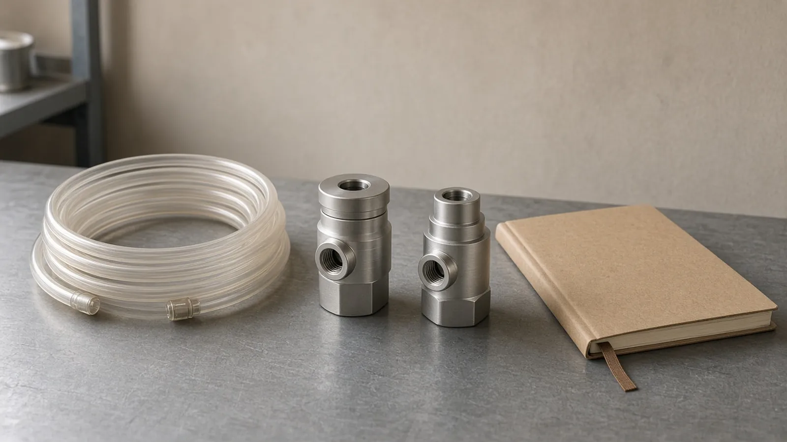 A coil of clear tubing, two unlabeled metal valve bodies and a closed notebook on a gray bench