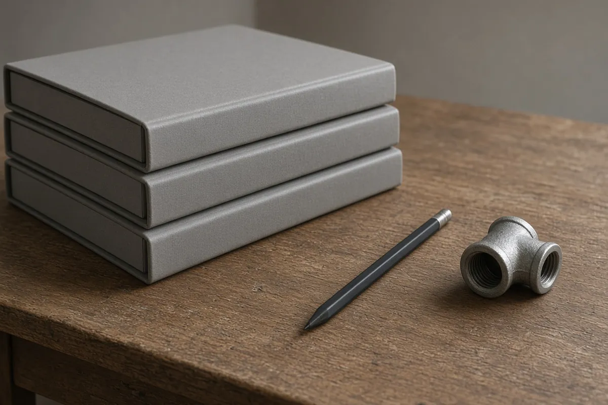 Three closed gray binders, a pencil and an unlabeled pipe fitting on a wooden table